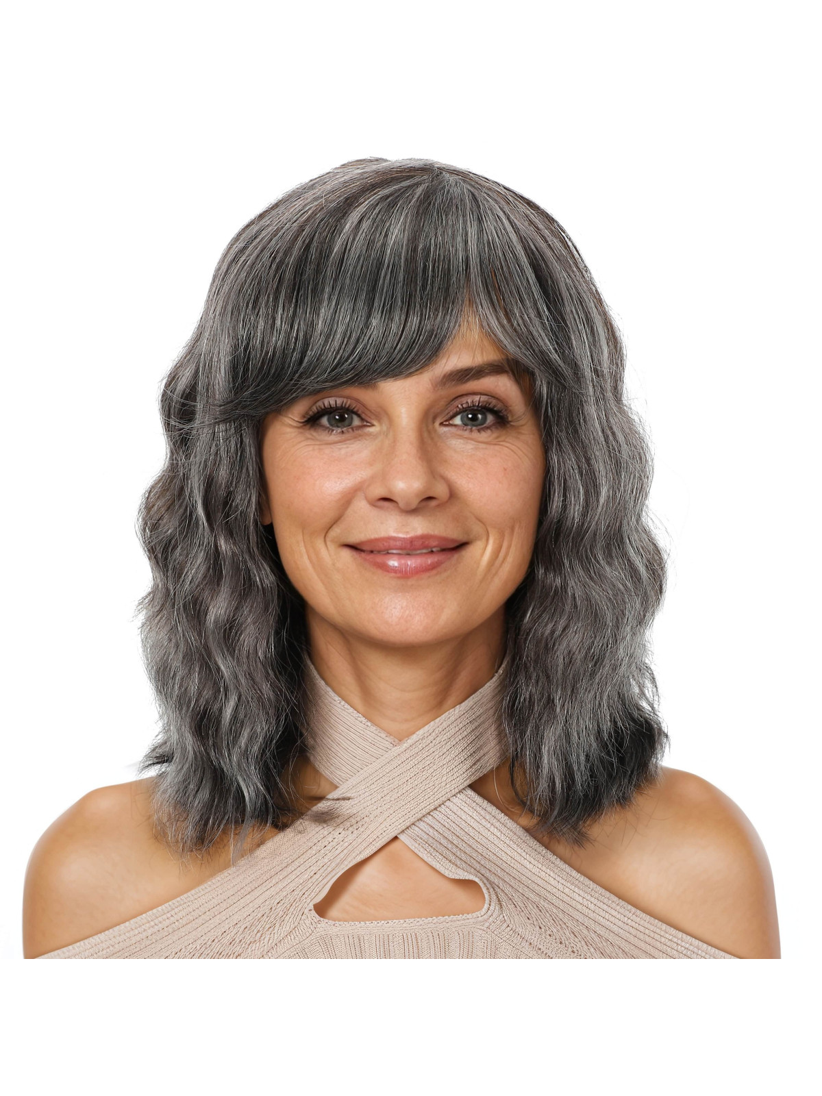 perruque humaine en vague grise avec frange 12 pouce