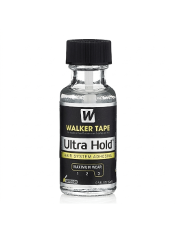 Gros plan professionnel sur un flacon de 15ml de colle capillaire Walker Tape Ultra Hold sur un fond blanc épuré.