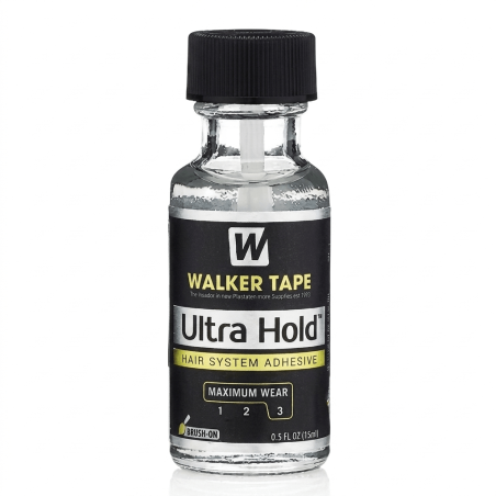 Gros plan professionnel sur un flacon de 15ml de colle capillaire Walker Tape Ultra Hold sur un fond blanc épuré.