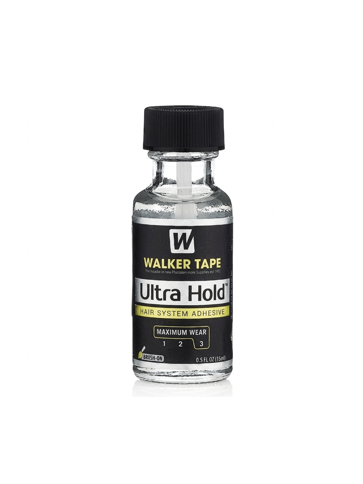Gros plan professionnel sur un flacon de 15ml de colle capillaire Walker Tape Ultra Hold sur un fond blanc épuré.