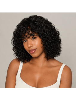 Perruque courte Water Wave sans colle en couleur Noir Naturel, vue de face avec boucles souples et rendu naturel.