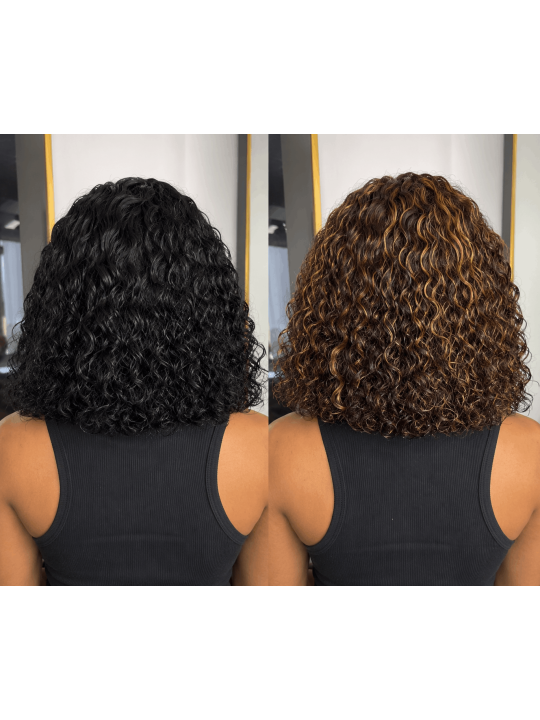 Vue arrière de la perruque courte Water Wave  longueur 10-12 pouces avec effet bouclé naturel.