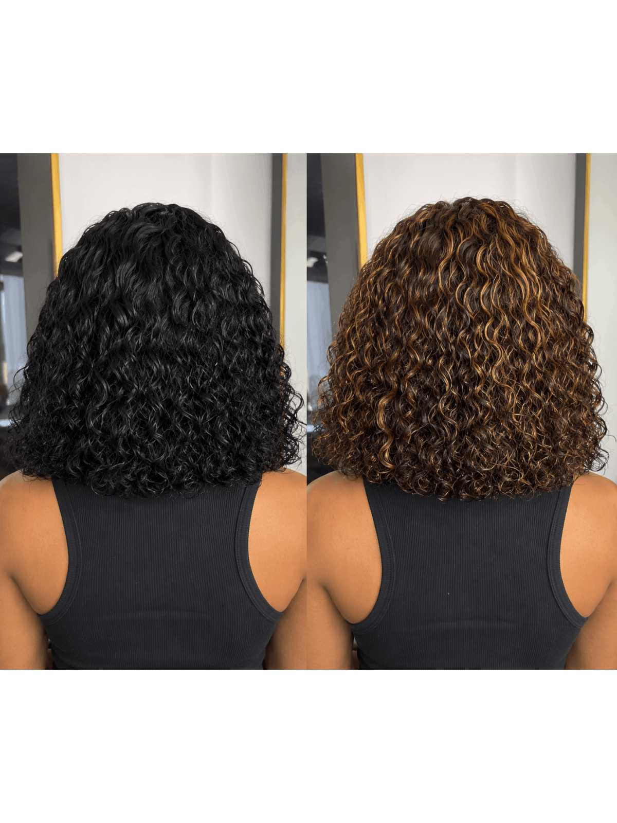 Vue arrière de la perruque courte Water Wave  longueur 10-12 pouces avec effet bouclé naturel.