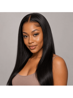 Perruque Lace Front HD 13x6 en cheveux naturels portée, rendu frontal réaliste avec raie naturelle.