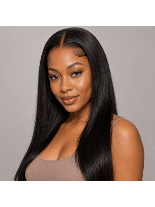 Perruque Lace Front HD 13x6 en cheveux naturels portée, rendu frontal réaliste avec raie naturelle.