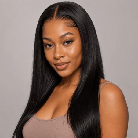 Perruque Lace Front HD 13x6 en cheveux naturels portée, rendu frontal réaliste avec raie naturelle.