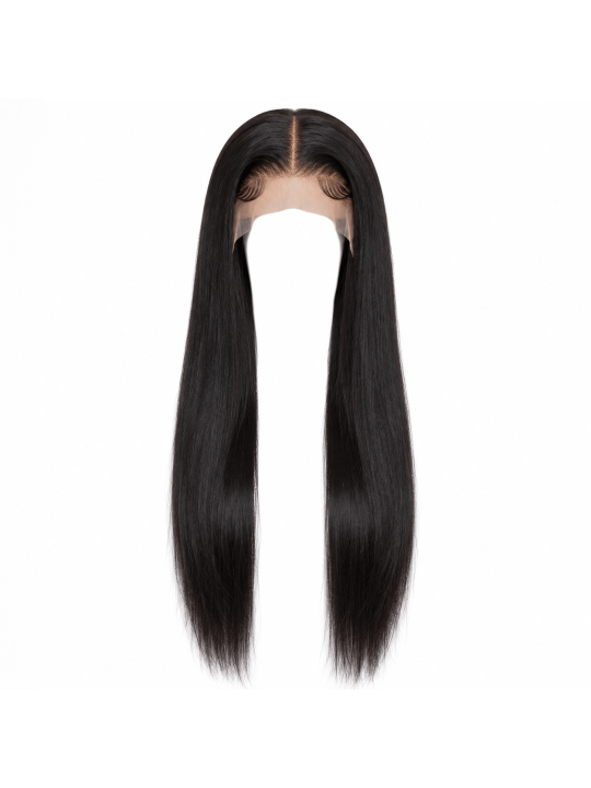 Perruque Lace Front HD 13x6 en cheveux naturels noir naturel, cheveux lisses avec lace front large et finition soignée.
