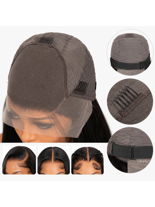 Détail du bonnet de la perruque Lace Front HD 13x6 avec peignes de maintien, sangle ajustable et lace fine pour plus de confort.