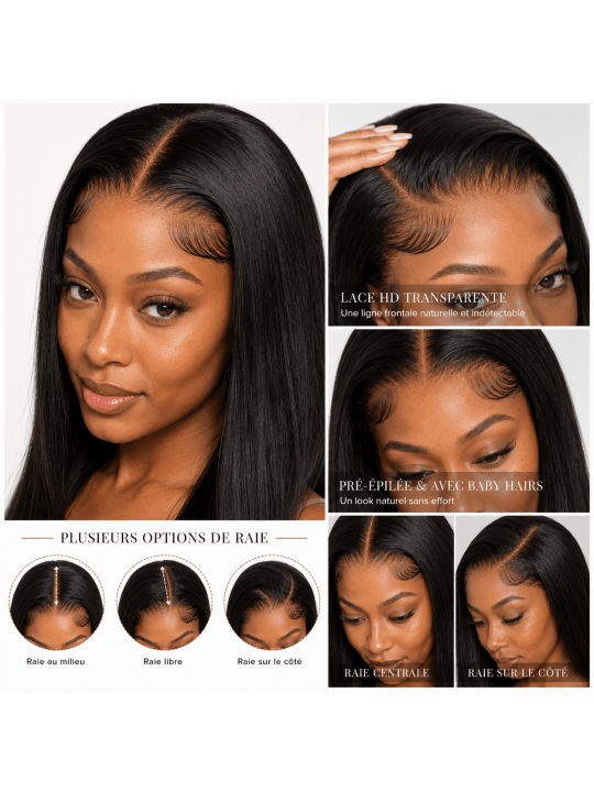Perruque Lace Front HD 13x6, lace discrète et plusieurs options de raie : raie au milieu, raie libre ou raie sur le côté.