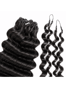 Extensions Crochet Deep Wave en cheveux naturels 50g, mèches noires brillantes avec ondulations profondes pour crochet braids.