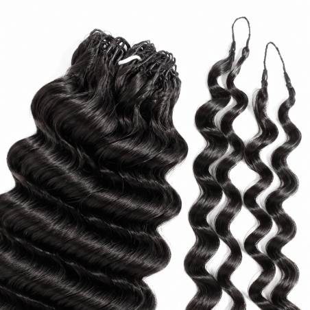 Extensions Crochet Deep Wave en cheveux naturels 50g, mèches noires brillantes avec ondulations profondes pour crochet braids.