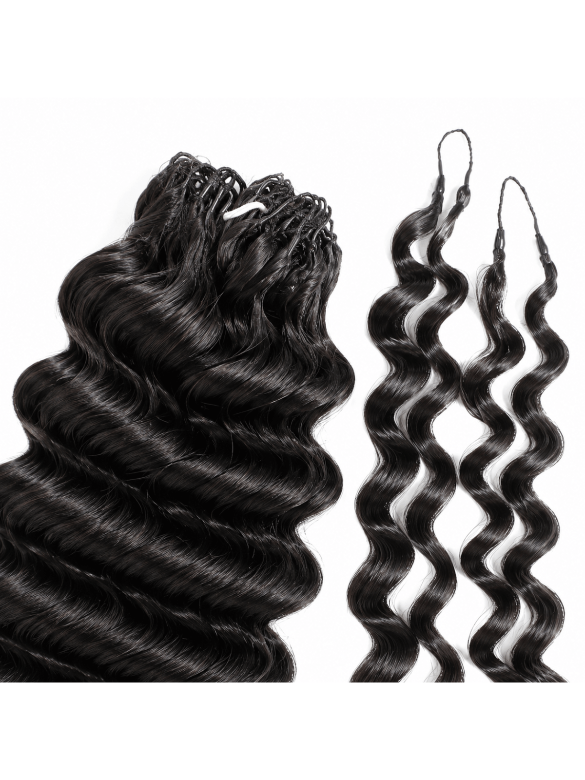 Extensions Crochet Deep Wave en cheveux naturels 50g, mèches noires brillantes avec ondulations profondes pour crochet braids.