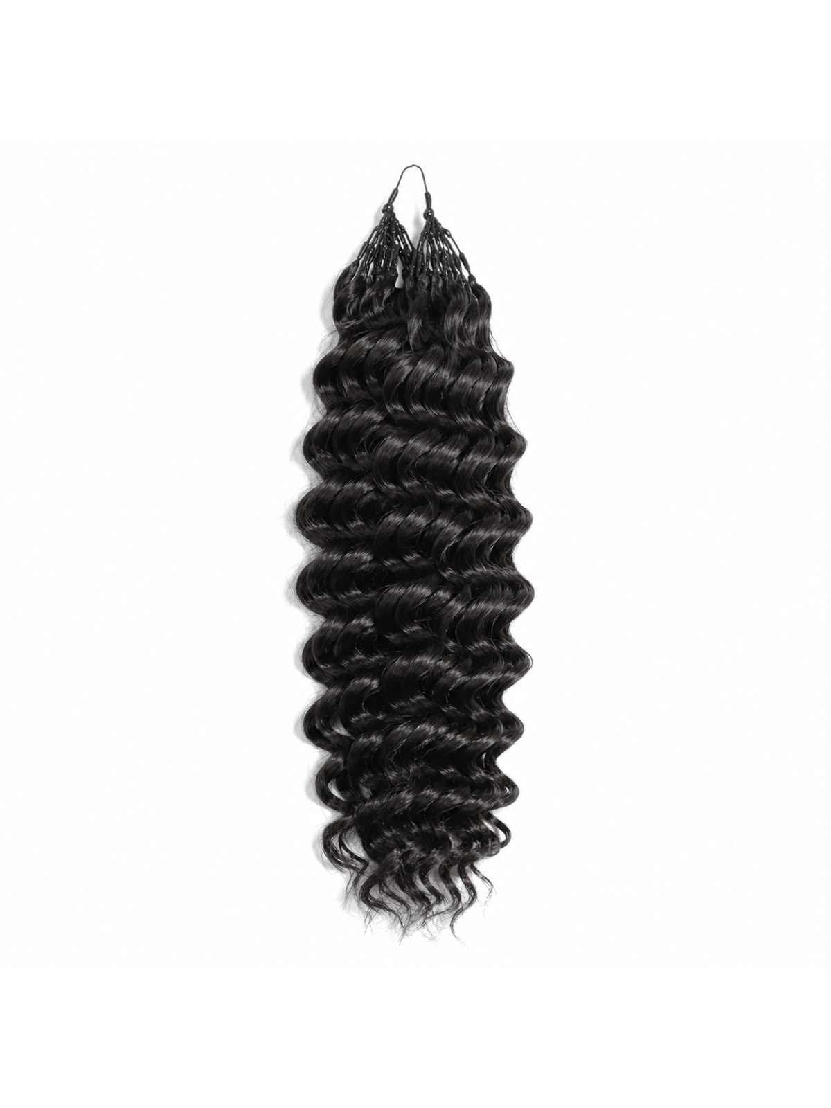 Détail des mèches crochet Deep Wave en cheveux naturels, texture ondulée définie et boucle prête à poser.