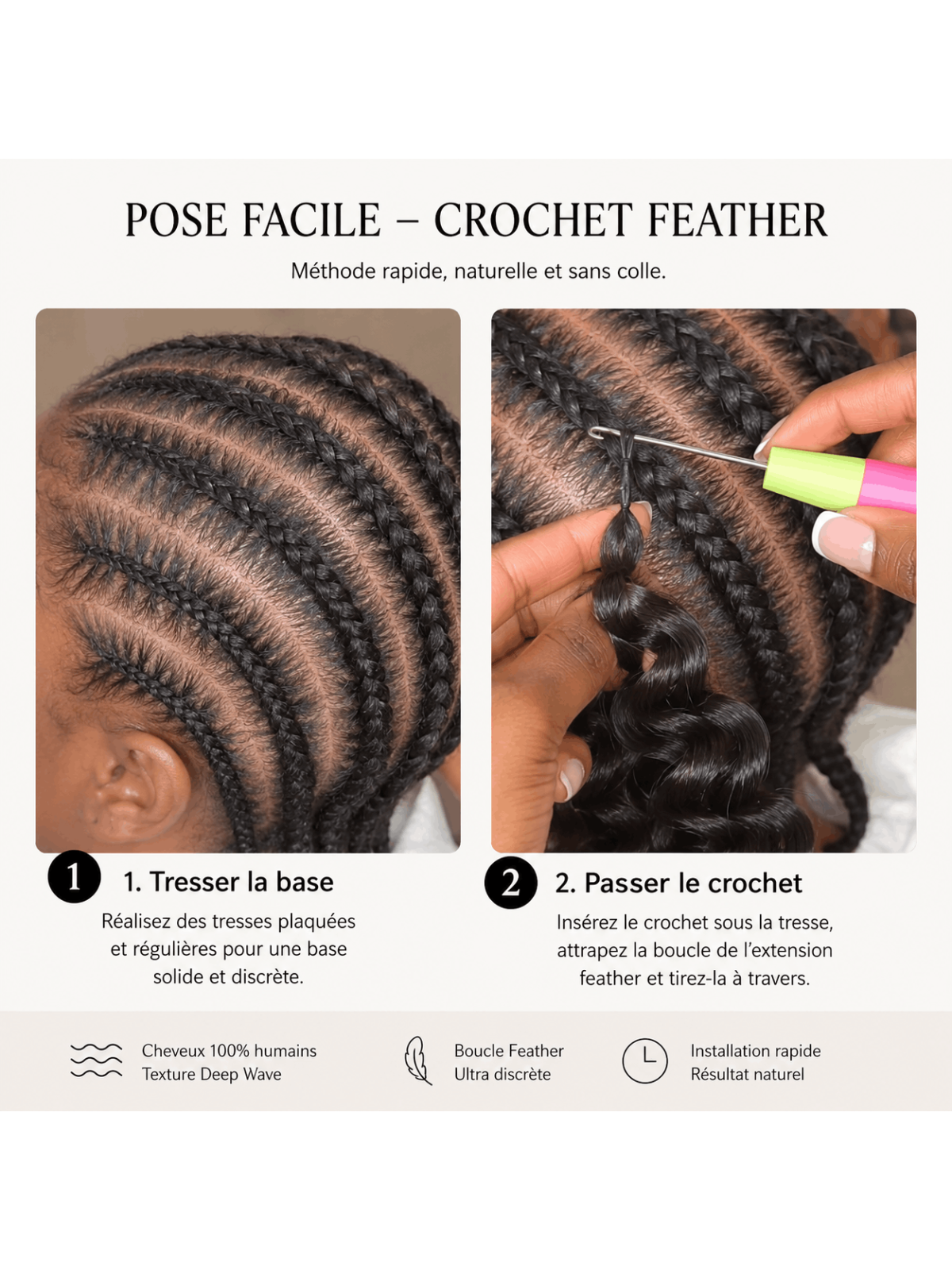 Étapes de pose des extensions crochet Deep Wave : préparer les tresses plaquées puis passer le crochet sous la base.