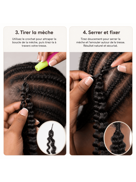 Pose des mèches crochet Deep Wave : tirer la mèche à travers la tresse puis fixer pour un rendu naturel et sécurisé.