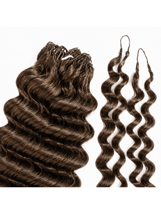 Texture Deep Wave, coloris châtain clair N°4, avec ondulation définie et finition naturelle en cheveux humains.