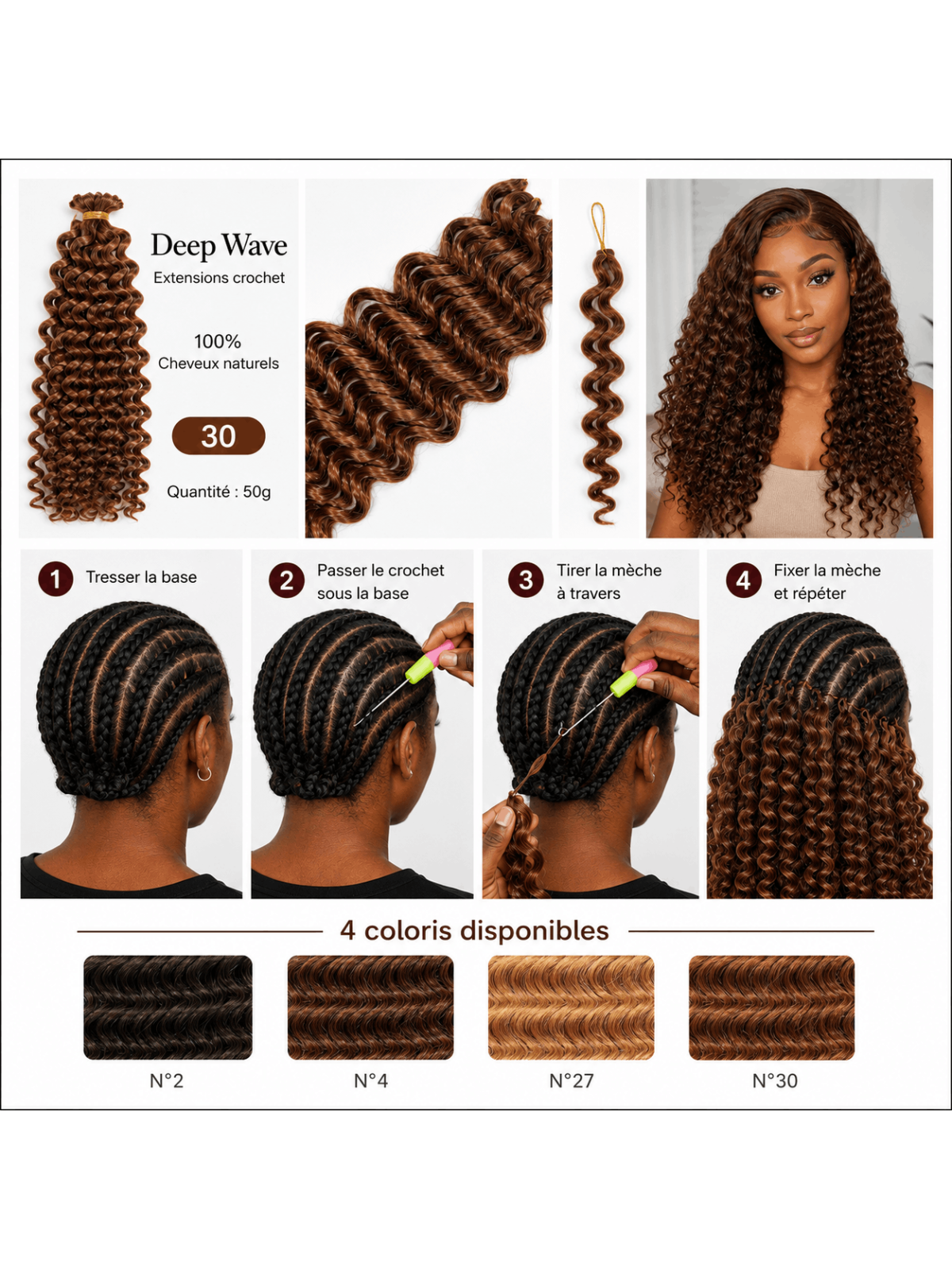 Extensions Crochet Deep Wave en cheveux naturels 50g, avec présentation du produit et des étapes de pose au crochet.