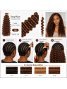 Extensions Crochet Deep Wave en cheveux naturels 50g, avec présentation du produit et des étapes de pose au crochet.