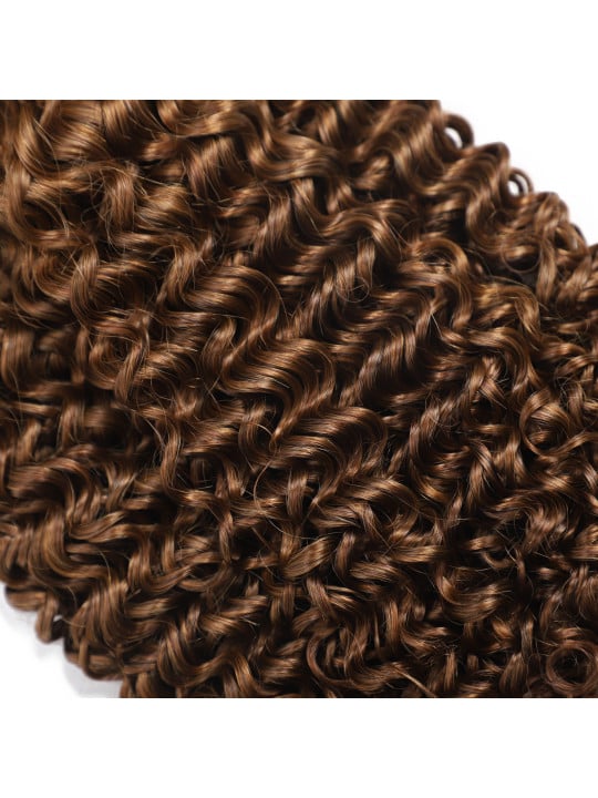 Détail des boucles serrées du tissage Kinky Curly châtain moyen #4
