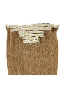 Détail des extensions à clips blond doré N°10, clips déjà cousus et fixation simple