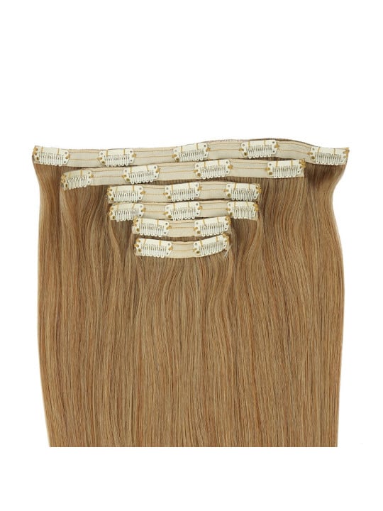 Détail des extensions à clips blond doré N°10, clips déjà cousus et fixation simple