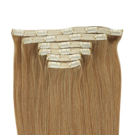 Détail des extensions à clips blond doré N°10, clips déjà cousus et fixation simple