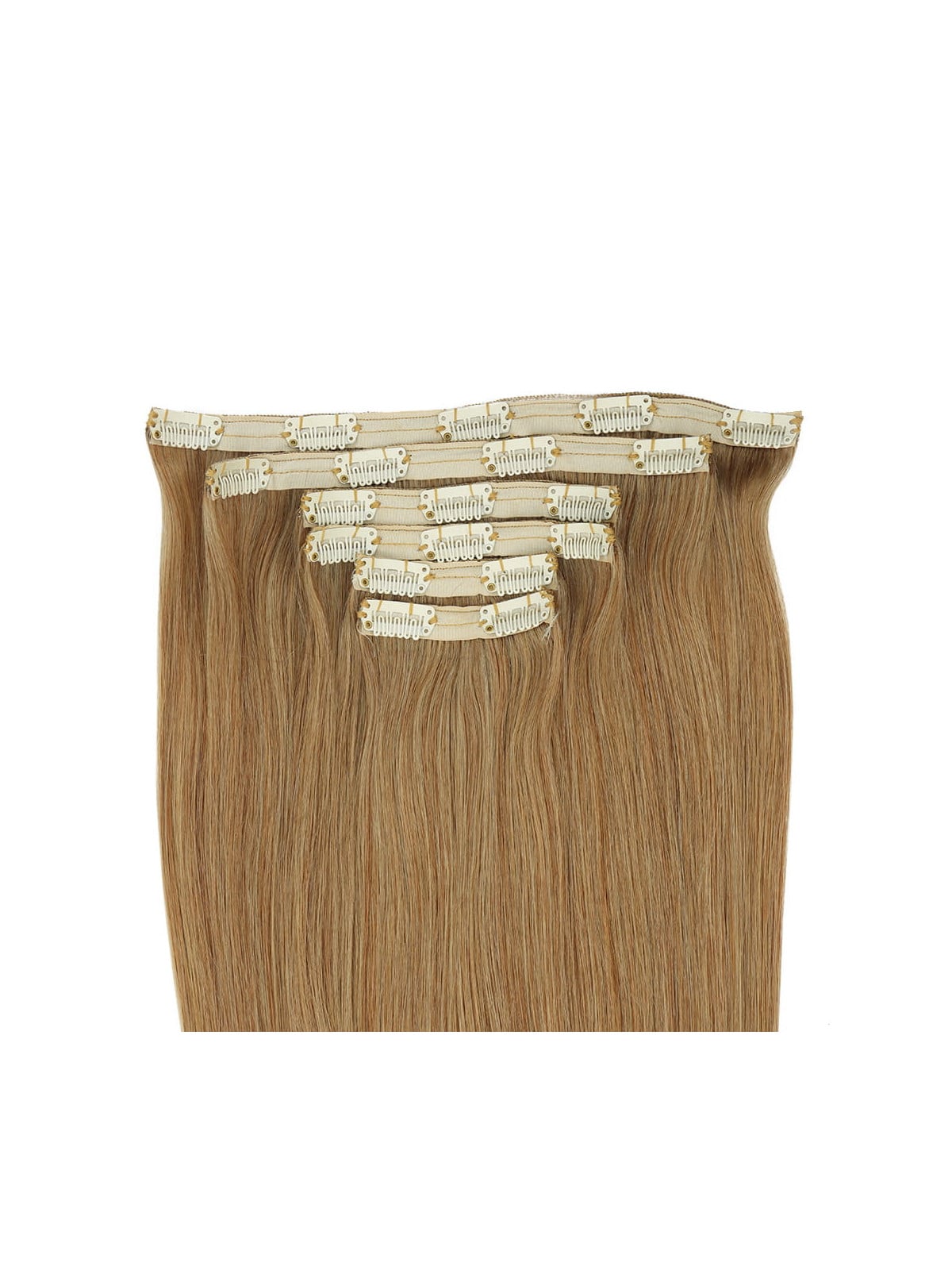 Détail des extensions à clips blond doré N°10, clips déjà cousus et fixation simple