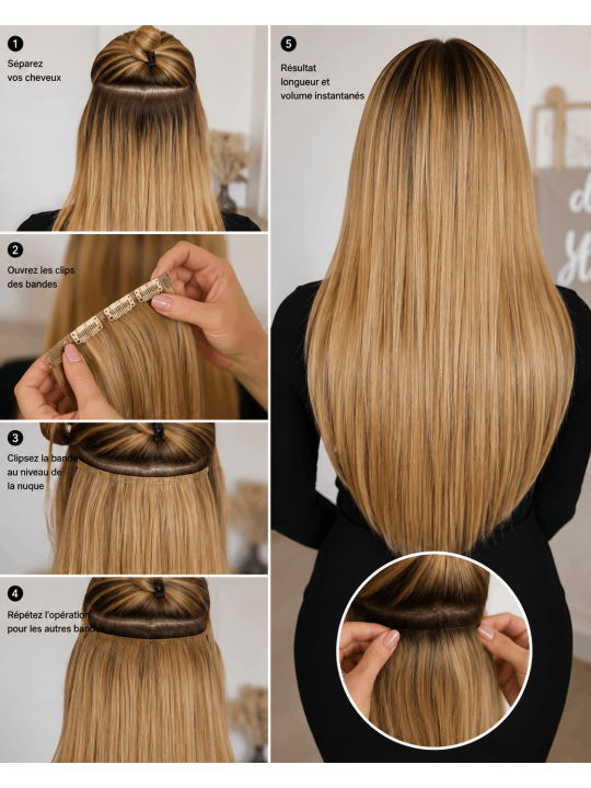 Pose des extensions à clips sur cheveux naturels, fixation discrète et facile à utiliser