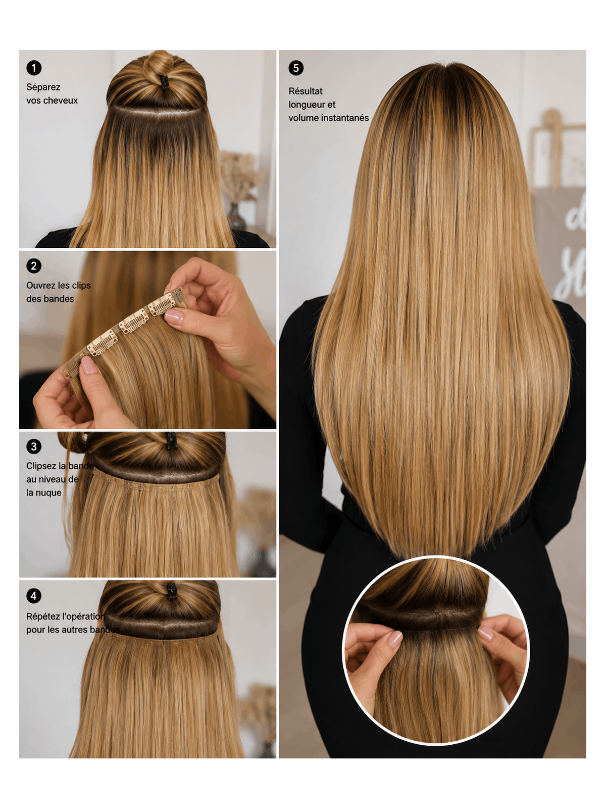 Pose des extensions à clips sur cheveux naturels, fixation discrète et facile à utiliser