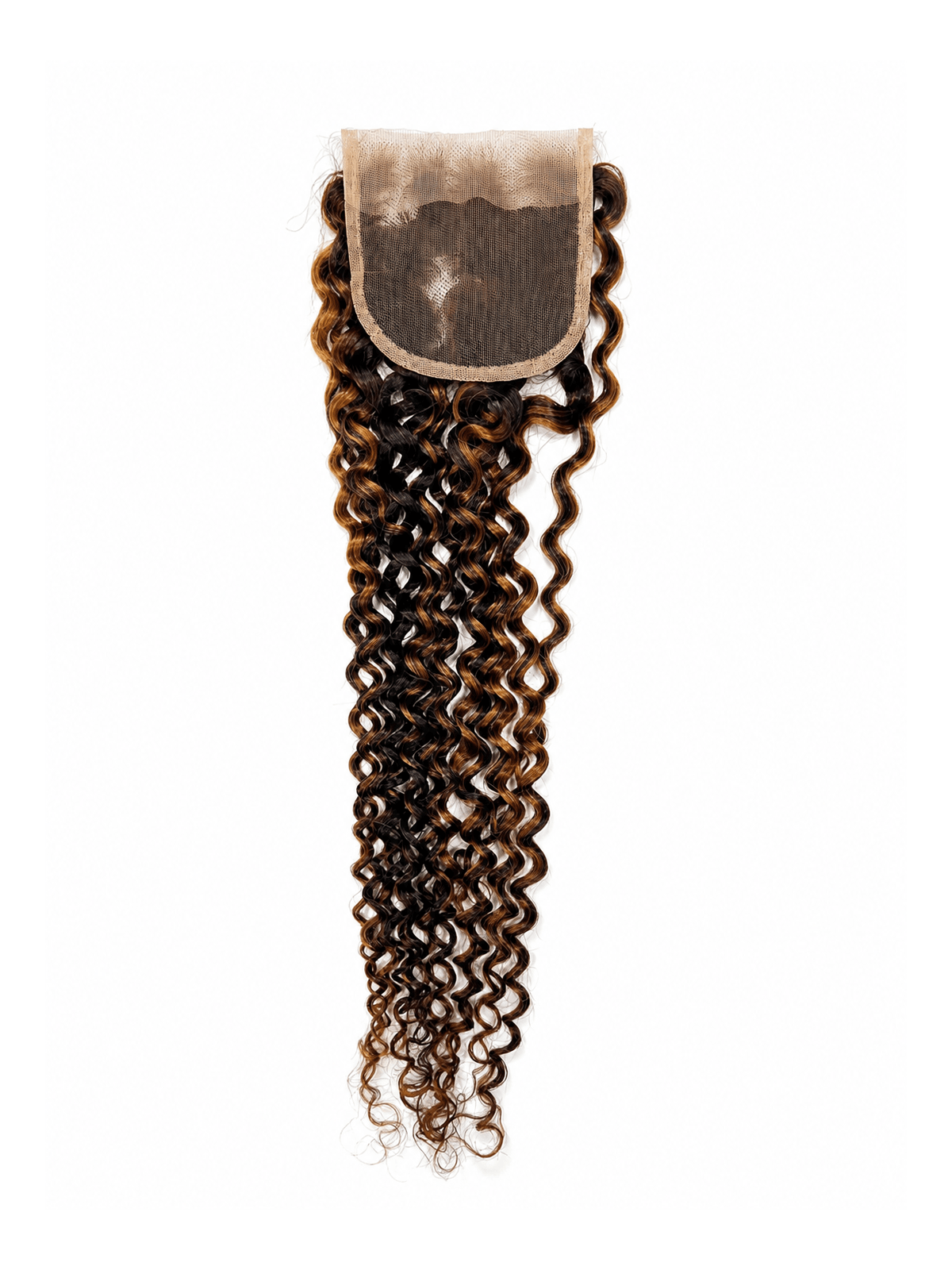 Vue arrière de la Lace Closure Deep Wave Curly 4x4 P4/27, la finition intérieure et les cheveux naturels bouclés.