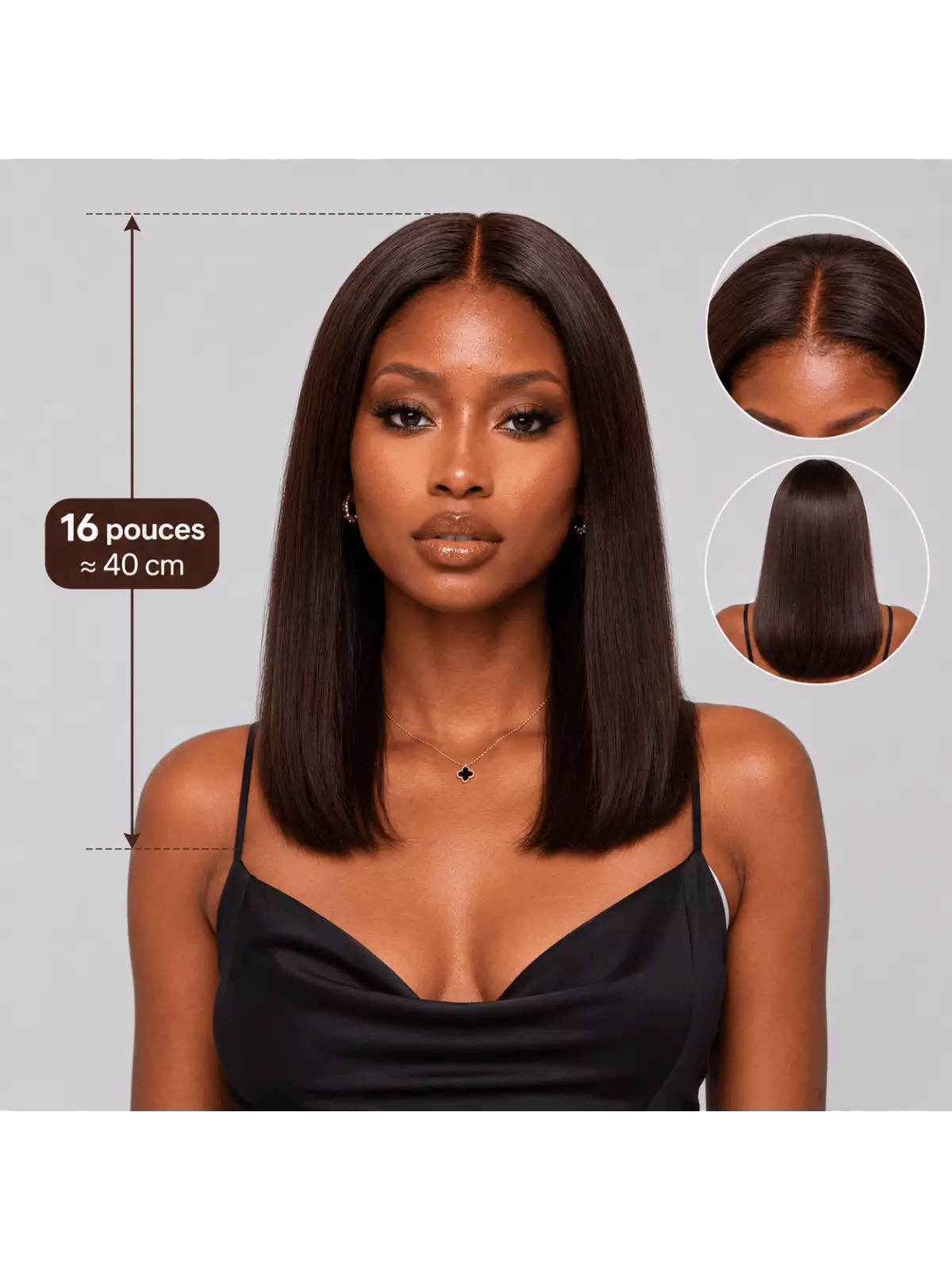 Perruque chocolat lisse 16 pouces en cheveux naturels, rendu doux et élégant avec longueur réaliste d’environ 40 cm.