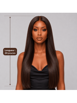 Perruque chocolat lisse 24 pouces en cheveux naturels, longue chevelure soyeuse d’environ 61 cm avec effet naturel et féminin.