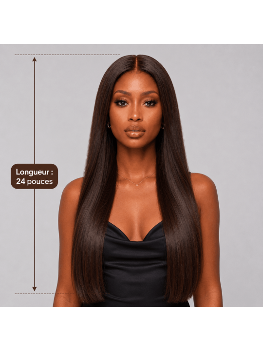 Perruque chocolat lisse 24 pouces en cheveux naturels, longue chevelure soyeuse d’environ 61 cm avec effet naturel et féminin.