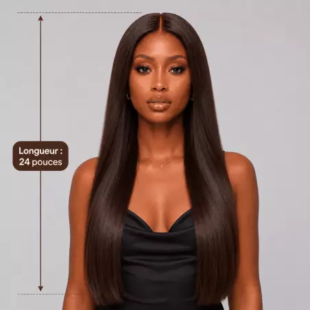 Perruque chocolat lisse 24 pouces en cheveux naturels, longue chevelure soyeuse d’environ 61 cm avec effet naturel et féminin.