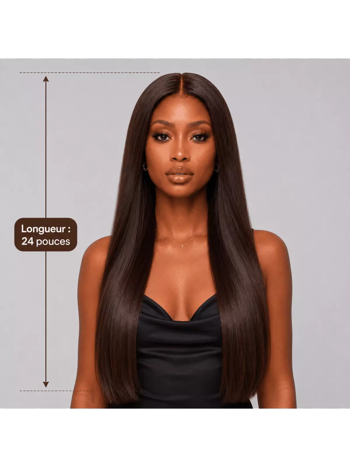 Perruque chocolat lisse 24 pouces en cheveux naturels, longue chevelure soyeuse d’environ 61 cm avec effet naturel et féminin.