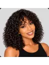 Perruque curly avec frange en cheveux naturels, mélange châtain et blond miel