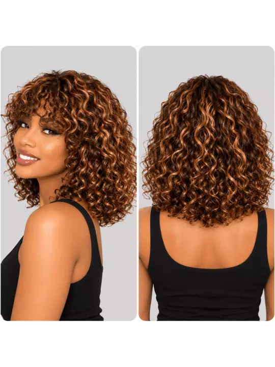 Vue de profil de la perruque curly avec frange en cheveux naturels