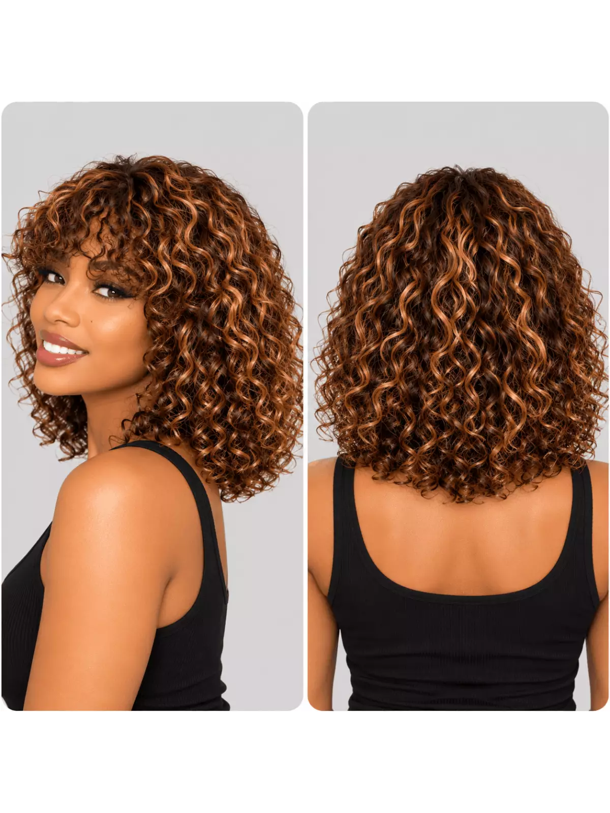 Vue de profil de la perruque curly avec frange en cheveux naturels