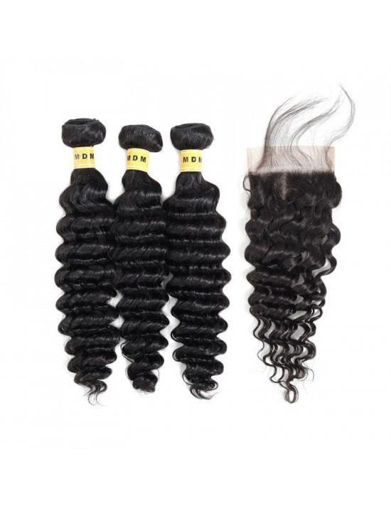 Cheveux bresiliens deep wave lot 3 mèches avec closure