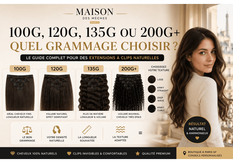 Extensions à clips 100g, 120g, 135g ou 200g : comment choisir le bon grammage selon vos cheveux et votre texture ?